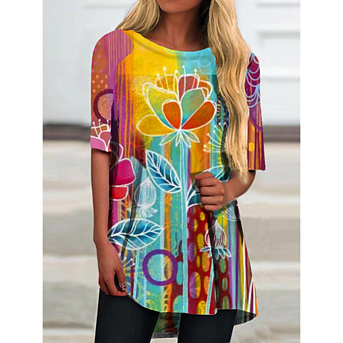 

Women's T Shirt Dress Tee Dress Short Mini Dress Blue Half Sleeve Floral Color Block Print Spring Summer Round Neck Casual 2021 S M L XL XXL 3XL