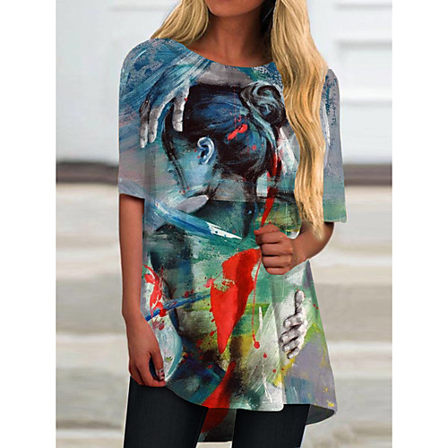 

Women's T Shirt Dress Tee Dress Short Mini Dress Blue Half Sleeve Print Color Block Print Spring Summer Round Neck Casual 2021 S M L XL XXL 3XL