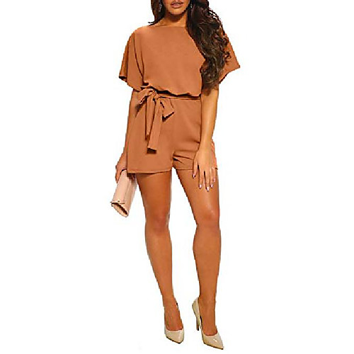 

women casual short sleeve jumpsuit belted short pants overall romper playsuit