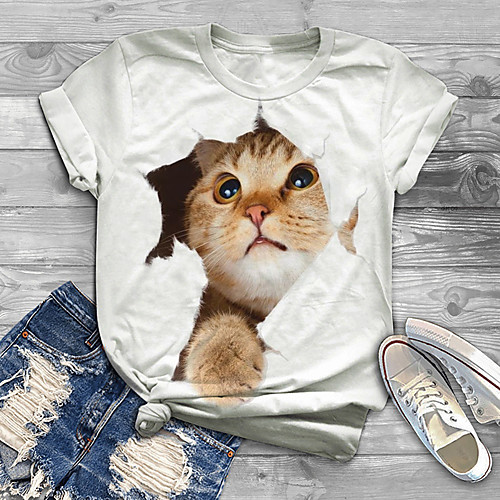 

Women's Plus Size Print Cat Graphic Animal T shirt Large Size Crewneck Short Sleeve Basic Tops XL XXL 3XL White Big Size