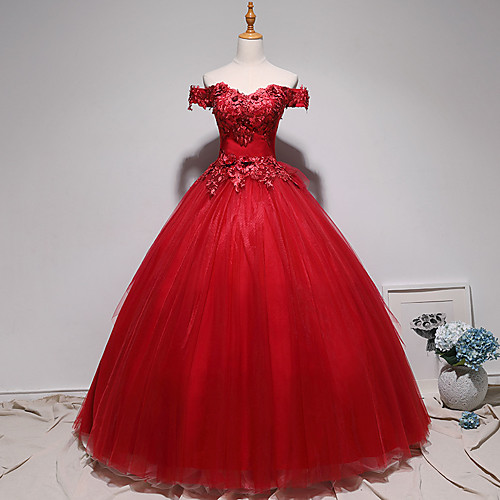 

Ball Gown Elegant Floral Quinceanera Prom Dress Off Shoulder Short Sleeve Floor Length Tulle with Pleats Appliques 2021