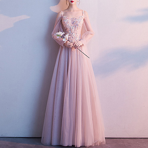 

A-Line Elegant Floral Engagement Prom Dress V Neck Long Sleeve Floor Length Tulle with Appliques 2021