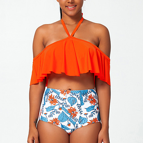 

Women's Bikini Swimsuit Lace up Print Geometric Orange Swimwear Halter Bathing Suits