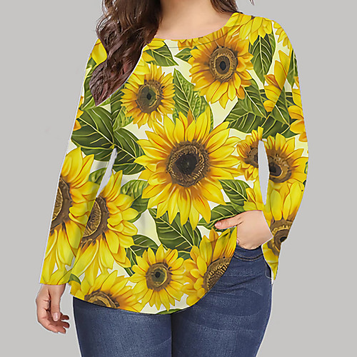 

Women's Plus Size Print Graphic Floral Daisy T shirt Large Size Crewneck Long Sleeve Tops XL XXL 3XL Yellow khaki Big Size