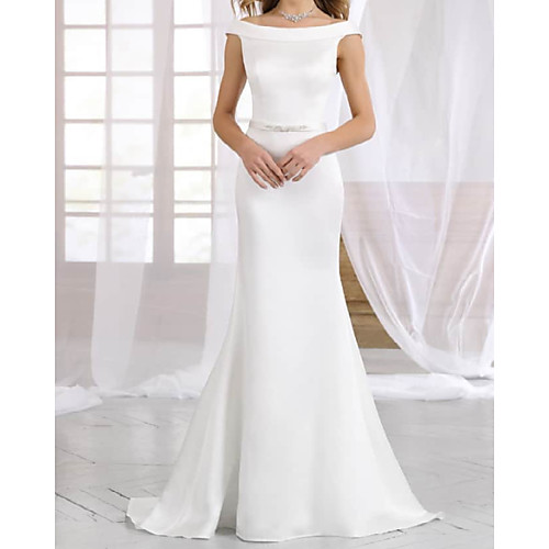 

Sheath / Column Wedding Dresses Off Shoulder Sweep / Brush Train Italy Satin Sleeveless Simple with Sashes / Ribbons 2021