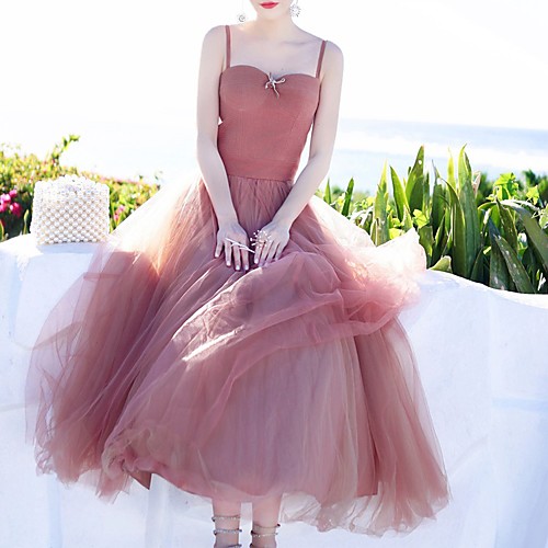 

A-Line Minimalist Sexy Cocktail Party Prom Dress Sweetheart Neckline Sleeveless Ankle Length Tulle with Bow(s) Pleats 2021