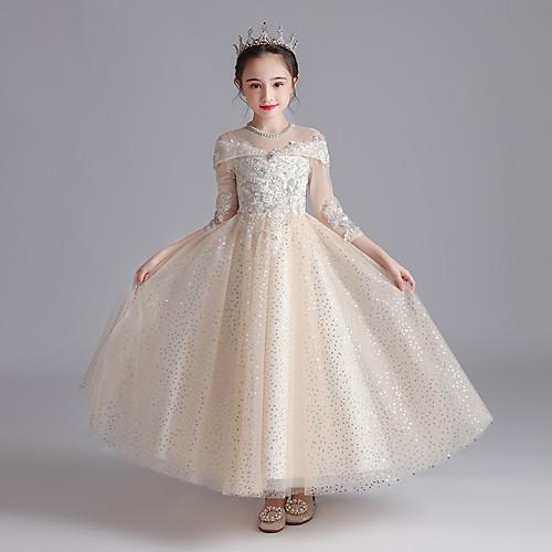 

Princess Ankle Length Wedding / Event / Party Flower Girl Dresses - Lace / Tulle / Sequined 3/4 Length Sleeve Illusion Neck / Jewel Neck with Lace / Appliques / Solid