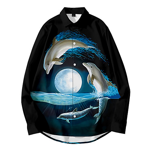 

Men's Shirt 3D Print Fish Animal Button-Down 3D Print Long Sleeve Daily Tops Casual Fashion Hawaiian Black