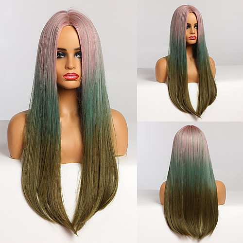 

Long Straight Pink Blue Green Ombre Hair Middle Part Heat Resistant Synthetic Wigs for Afro Women Cosplay Party Natural Wigs