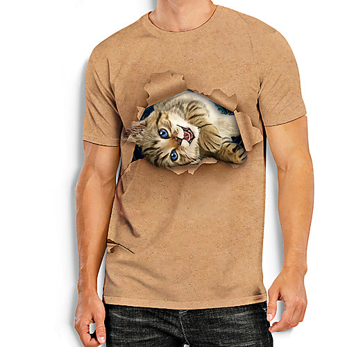 

Men's Tees T shirt 3D Print Cat Graphic Prints Animal Print Short Sleeve Daily Tops Basic Casual Khaki