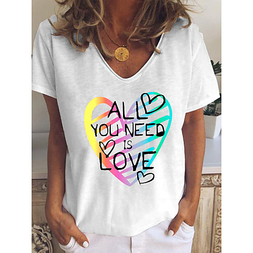 

Women's T shirt Heart Letter Print V Neck Tops Cotton Basic Basic Top White Blue Purple
