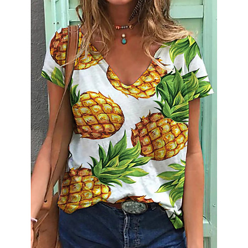 

Women's T shirt Fruit Print V Neck Tops Cotton Basic Basic Top White