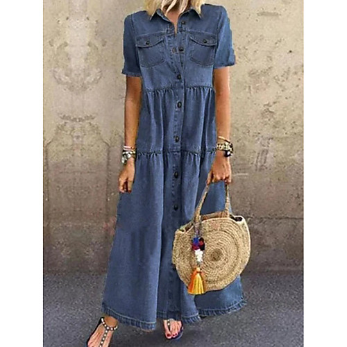 

Women's Denim Dress Maxi long Dress Blue Light Blue Short Sleeve Solid Color Pocket Summer Shirt Collar Elegant 2021 S M L XL XXL 3XL