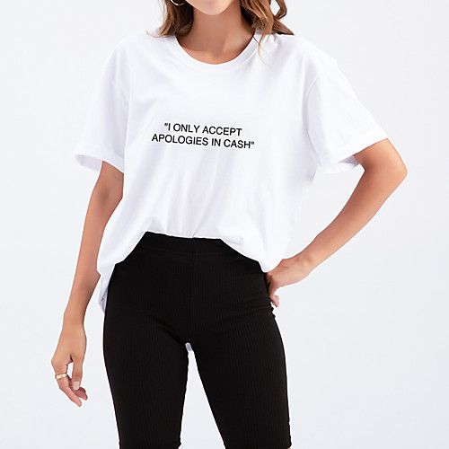 

Women's T shirt Letter Print Round Neck Tops Cotton Basic Basic Top White Black Purple