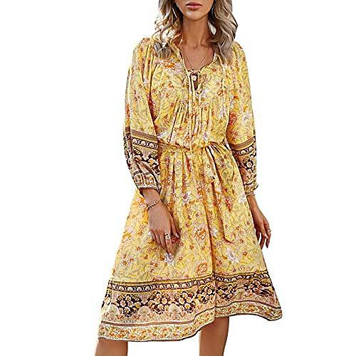 

Women's Sundress Knee Length Dress Blue Yellow Orange Dark Blue 3/4 Length Sleeve Print Spring & Summer Boho 2021 S M L XL