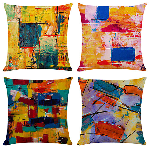 

4 pcs Linen Pillow Cover, Abstract Simple Classic Square Zipper Traditional Classic