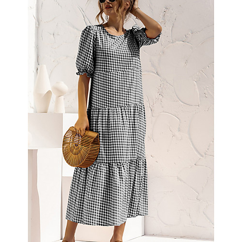 

Women's A Line Dress Maxi long Dress Wine Red Little black Amazon quality Little white Black Blue Red Yellow khaki Rose Red Short Sleeve Polka Dot Solid Color Color Block Patchwork Summer Round Neck