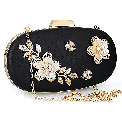 

women's evening clutch bag satin flower pearl beaded evening handbag bridal clutch purse prom (black)