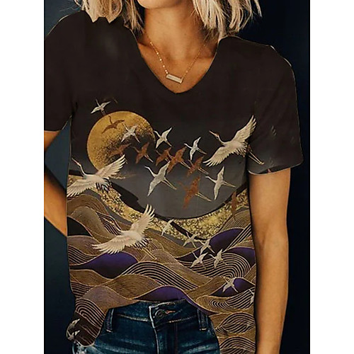 

Women's T shirt Bird V Neck Tops Chinoiserie Basic Top Black