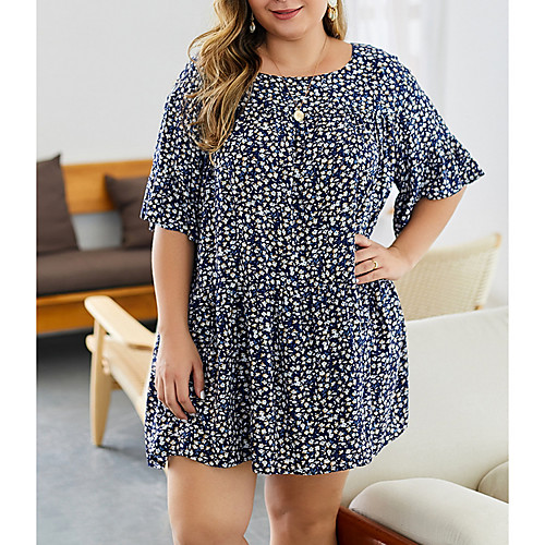 

Women's Plus Size Floral Print Casual Half Sleeve Fall Short Mini Dress A Line Dress Blue Red