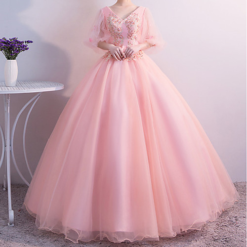 

Ball Gown Beautiful Back Floral Quinceanera Prom Dress V Neck Half Sleeve Floor Length Tulle with Pleats Appliques 2021