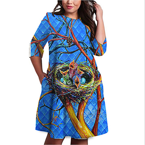 

Women's Plus Size Dresses Shift Dress Knee Length Dress 3/4 Length Sleeve Graphic Color Block Print Casual Fall Blue Gray XL XXL 3XL 4XL 5XL / Holiday