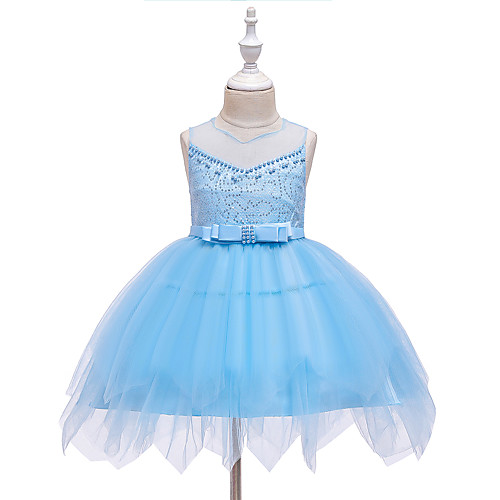 

Ball Gown Knee Length Wedding / Event / Party Flower Girl Dresses - Tulle / Polyester Sleeveless V Neck with Faux Pearl / Bow(s) / Ruching