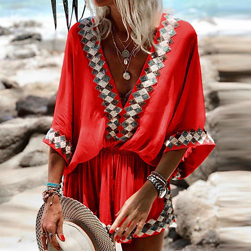 

Women's Sundress Short Mini Dress Blue Purple Red Orange Half Sleeve Print Print Spring Summer V Neck Sexy Batwing Sleeve 2021 S M L XL XXL