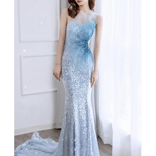 

Mermaid / Trumpet Luxurious Sparkle Engagement Formal Evening Dress Strapless Sleeveless Court Train Sequined with Sash / Ribbon Sequin 2021