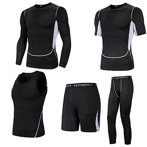 

Men's Activewear Set Athletic Athleisure 5pcs Summer Short Sleeve Quick Dry Lightweight Breathable Fitness Gym Workout Running Jogging Sportswear Skinny Solid Colored Tank Top Black Activewear