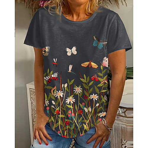 

Women's T shirt Graphic Butterfly Floral Print Round Neck Tops Basic Basic Top Blue Green Gray