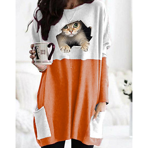 

Women's T shirt Cat Graphic 3D Long Sleeve Pocket Round Neck Tops Basic Basic Top Black Orange Khaki
