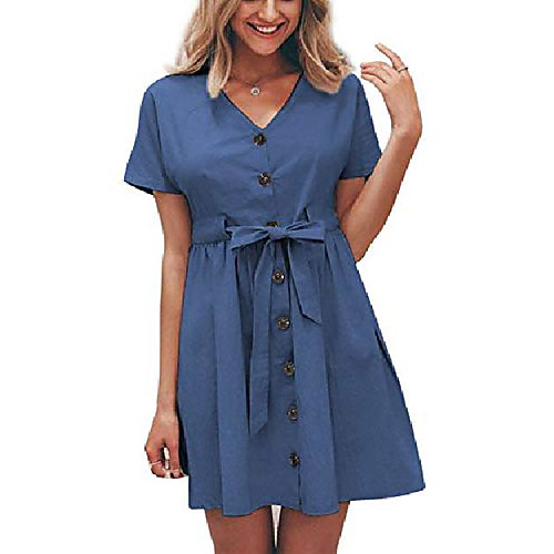 

igenjun women's short sleeve v neck button down wrap mini dresses,m,blue