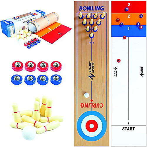 

Game Sports 3 in 1 Table Top Shuffleboard Curling Game and Bowling Set (10 x 40) Portable Family Games for Kids and Adults for Indoor and Outdoor Fun