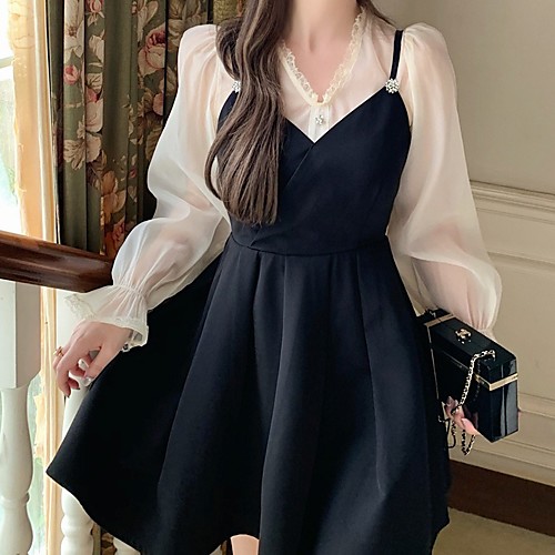 

A-Line Little Black Dress Sexy Homecoming Cocktail Party Dress V Neck Long Sleeve Short / Mini Stretch Fabric with Pleats Crystals Lace Insert 2021