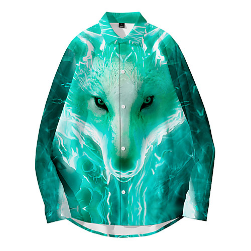 

Men's Shirt 3D Print Wolf Animal Button-Down 3D Print Long Sleeve Daily Tops Casual Fashion Hawaiian Green