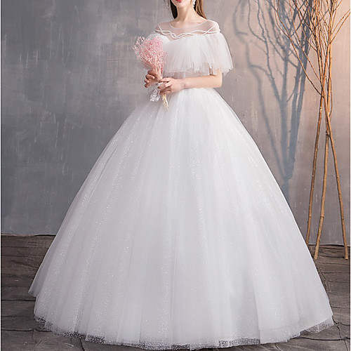 

Princess Ball Gown Wedding Dresses Jewel Neck Floor Length Lace Tulle Short Sleeve Formal Romantic with Appliques 2021
