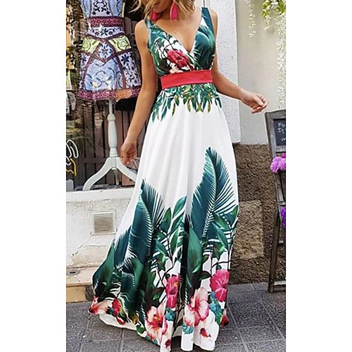 

Women's Sheath Dress Maxi long Dress Green Sleeveless Floral Print Spring Summer V Neck Casual 2021 S M L XL XXL 3XL