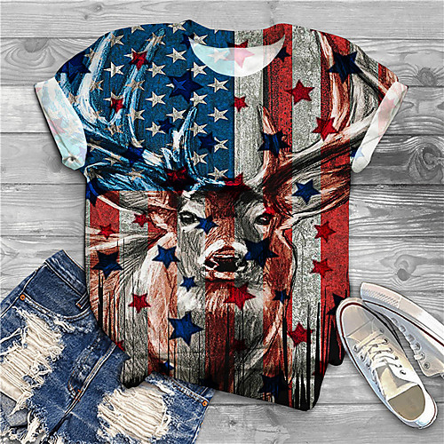 

Women's Plus Size Print Graphic Deer Flag T shirt Large Size Crewneck Short Sleeve Basic Tops XL XXL 3XL Blue Big Size