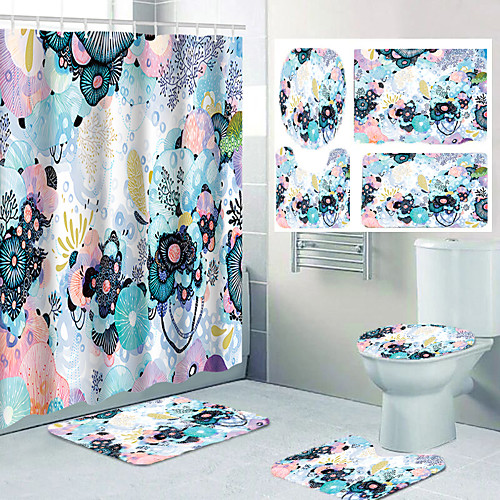 

Beautiful Comic Flower Pattern Printing Bathroom Shower Curtain Leisure Toilet Four-piece Design