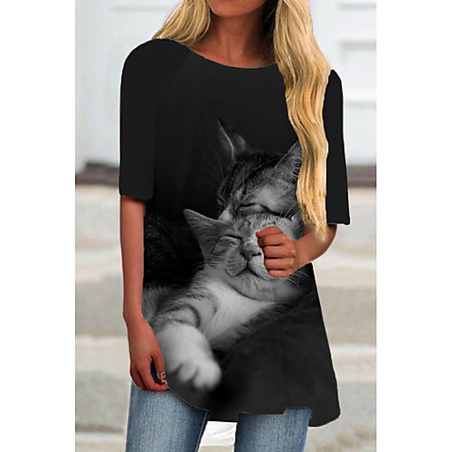 

Women's T Shirt Dress Tee Dress Short Mini Dress White Black Gray Half Sleeve Cat Animal Print Spring Summer Round Neck Casual 2021 S M L XL XXL 3XL