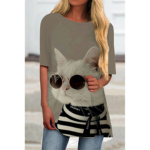 

Women's T Shirt Dress Tee Dress Short Mini Dress White Khaki Half Sleeve Cat Animal Print Spring Summer Round Neck Casual 2021 S M L XL XXL 3XL