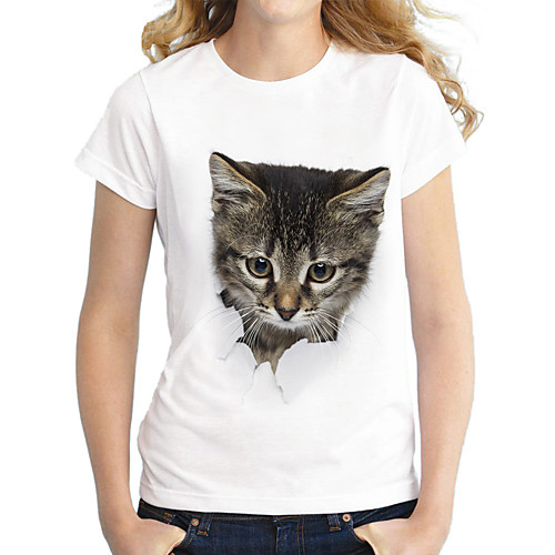 

Women's T shirt Cat Graphic 3D Print Round Neck Tops 100% Cotton Basic Basic Top White