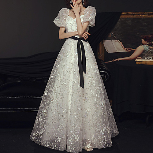 

A-Line Glittering Elegant Wedding Guest Formal Evening Dress Scoop Neck Short Sleeve Floor Length Tulle with Sash / Ribbon Sequin 2021