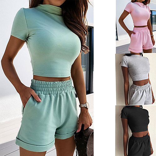 

Women's Sweatsuit 2 Piece Crop Top High Neck Solid Color Sport Athleisure Clothing Suit Short Sleeves Breathable Soft Comfortable Everyday Use Street Casual Daily Outdoor
