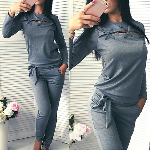 

Women's Sweatsuit 2 Piece Cut Out Crew Neck Cotton Solid Color Sport Athleisure Clothing Suit Long Sleeve Breathable Soft Comfortable Running Everyday Use Street Casual Daily Outdoor