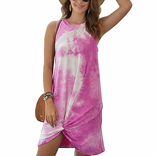 

flovey women's casual tie dye short dress crew neck sleeveless loose t shirt mini dress (8196-pink, xl)