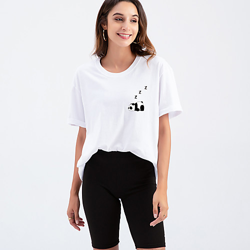 

Women's T shirt Panda Letter Print Round Neck Tops Cotton Basic Basic Top White Black Purple