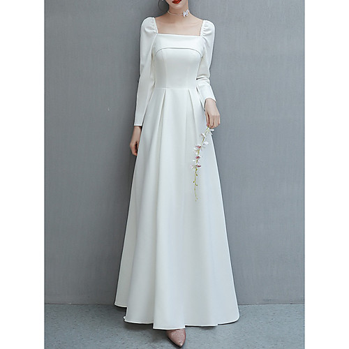 

A-Line Wedding Dresses Square Neck Floor Length Satin Long Sleeve Simple Vintage Little White Dress with Pleats 2021
