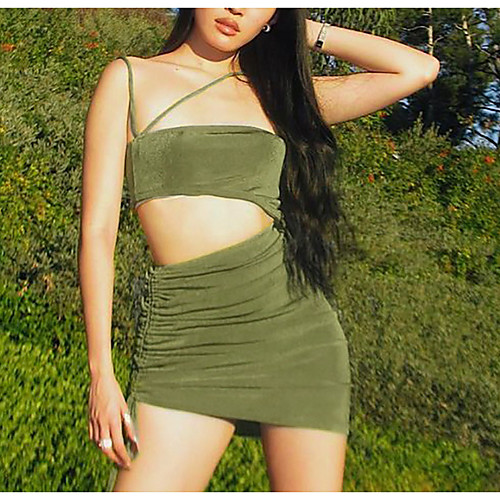 

Women's Sheath Dress Short Mini Dress Green Sleeveless Solid Color Backless Patchwork Hollow To Waist Summer cold shoulder Casual Sexy 2021 S M L